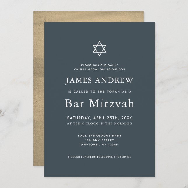 Minimalist Navy Blue & Gold Bar Mitzvah Invitation (Front/Back)