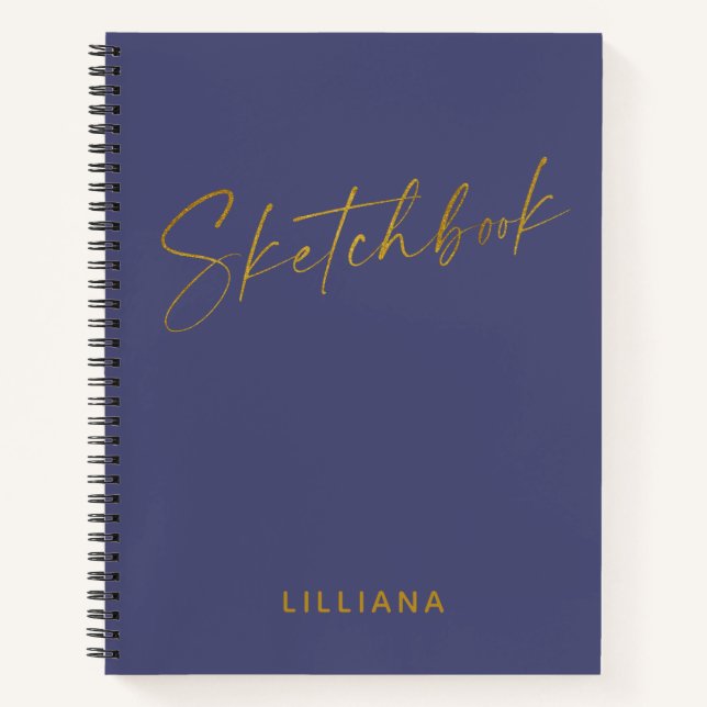 Minimalist Navy Blue Gold Personalized Sketchbook Notebook (Front)