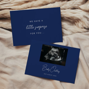 Minimalist Navy Blue 'Little Surprise' Pregnancy Announcement