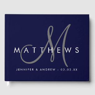 Minimalist Navy Blue Modern Grey Monogram Wedding Guest Book