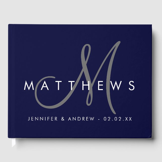 Minimalist Navy Blue Modern Grey Monogram Wedding Guest Book (Front)