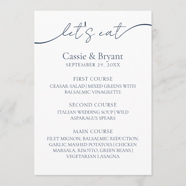 Minimalist Navy Blue Modern Script Wedding Menu (Front)