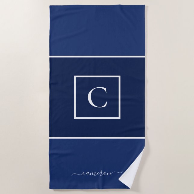 Minimalist Navy Blue Monogram Personalized Beach Towel (Front)