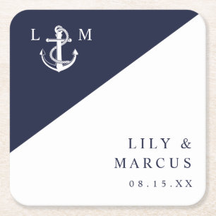 Minimalist Navy Blue Nautical Monogram Wedding Square Paper Coaster