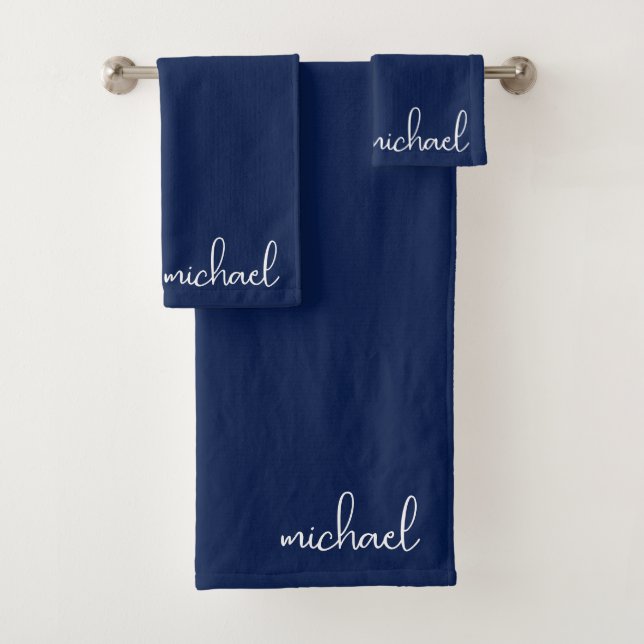 Minimalist Navy Blue Personalized Bath Towel Set (Insitu)