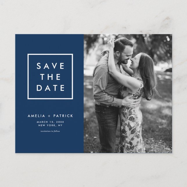 Minimalist Navy Blue Photo Save the Date Announcement Postcard (Front)