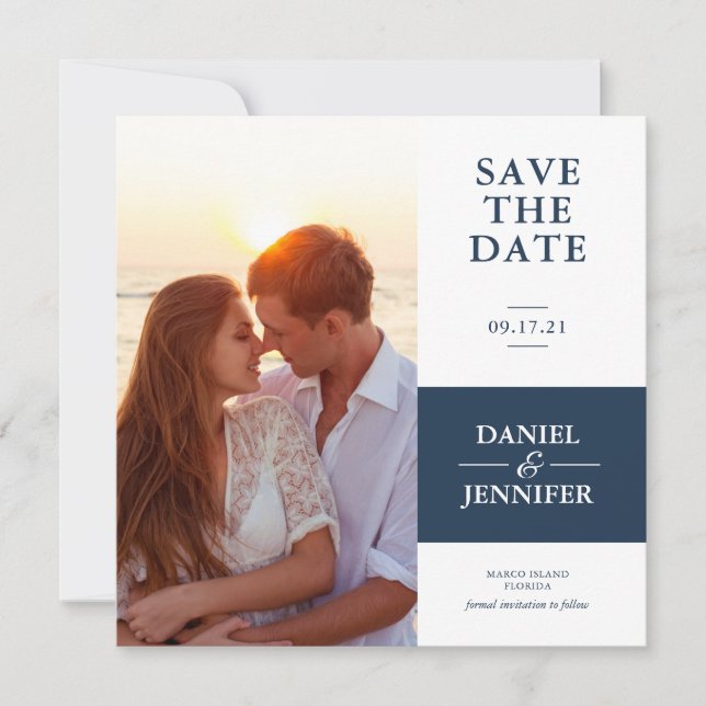 Minimalist Navy Blue Photo Wedding Save The Date (Front)