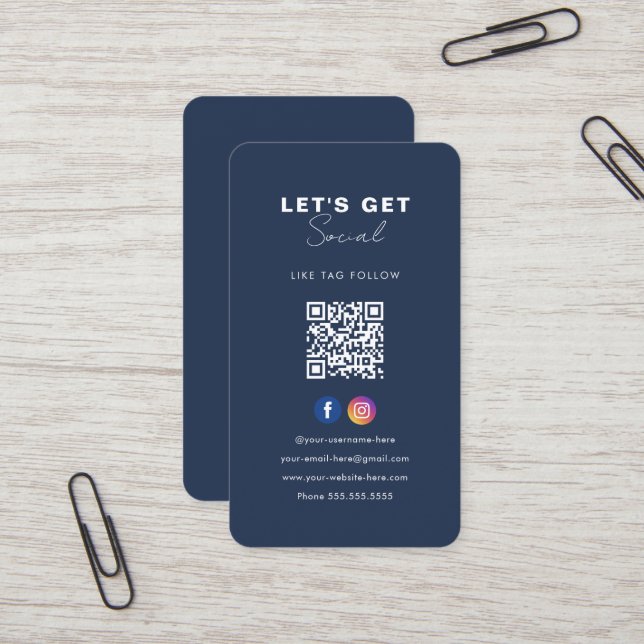 Minimalist Navy Blue Qr Code Connect With Us Business Card (Front/Back In Situ)