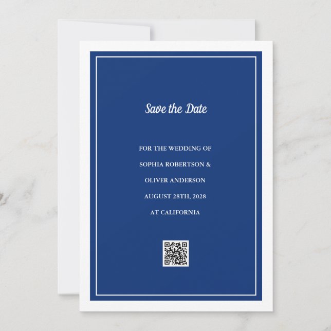 Minimalist Navy Blue QR Code Save the Date Card (Front)