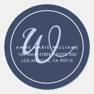 Minimalist Navy Blue Script Border Monogram Classic Round Sticker
