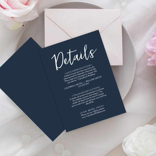 Minimalist Navy Blue Script Modern Wedding Details Enclosure Card (Creator Uploaded)