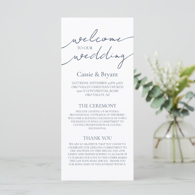 Minimalist Navy Blue Script Modern Wedding Program (Standing Front)
