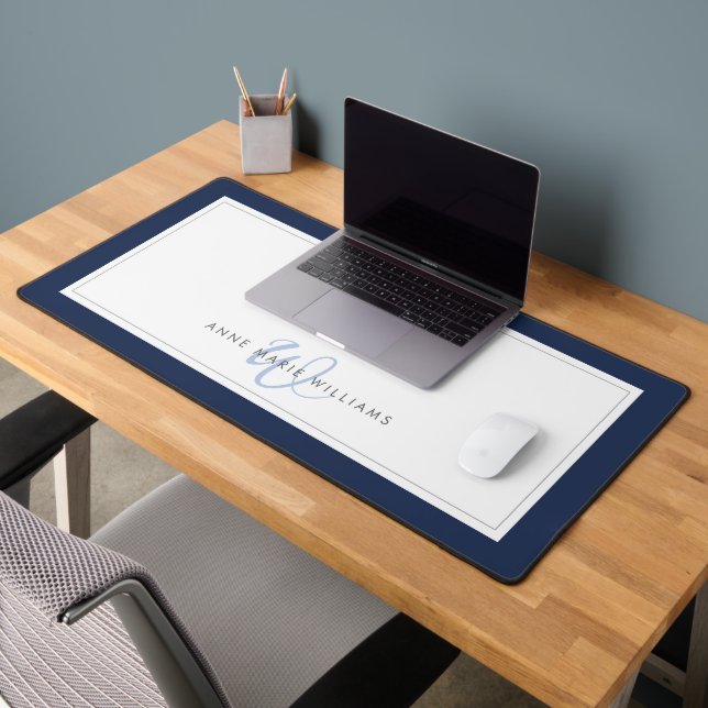 Minimalist Navy Blue Script Two Border Monogram Desk Mat (Office 2)
