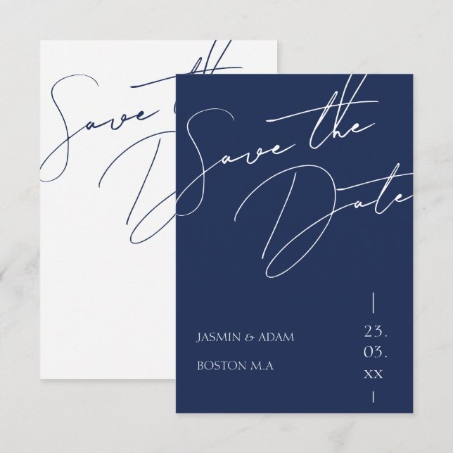 Minimalist Navy Blue Script Typography Wedding Save The Date (Front/Back)