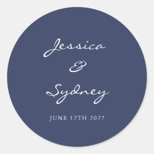 Minimalist Navy Blue Script Wedding Custom Classic Round Sticker