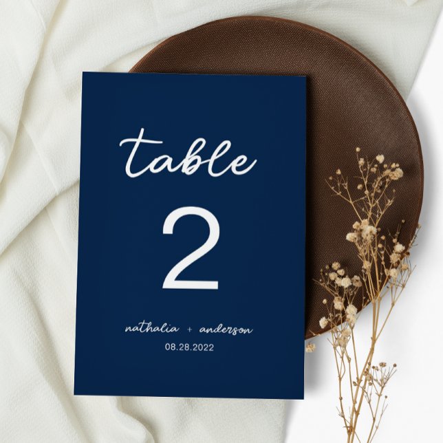 Minimalist Navy Blue Script Wedding Table Number (Creator Uploaded)
