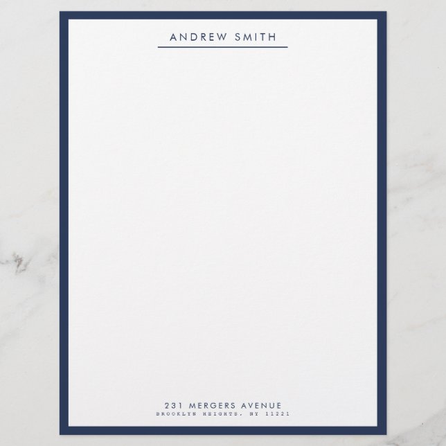 Minimalist Navy Blue Simple Line Name Address Letterhead (Front)