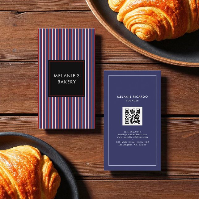 Minimalist Navy Blue Stripes Bakery Retro QR Code Business Card (Creator Uploaded)