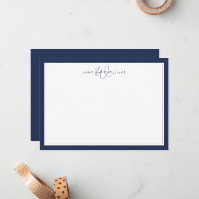 Minimalist Navy Blue Two Border Monogram Card (Front/Back In Situ)