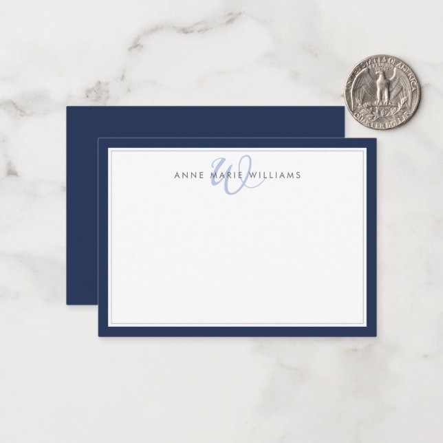 Minimalist Navy Blue Two Border Monogram Card (Front/Back In Situ)