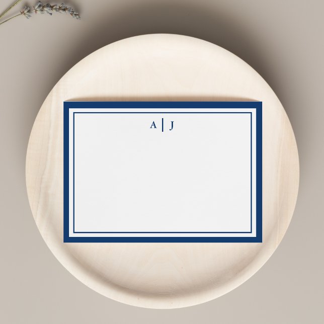 Minimalist Navy Blue Two Border Monogram Note Card (Creator Uploaded)