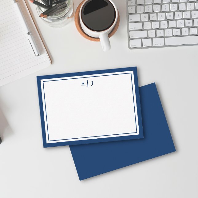 Minimalist Navy Blue Two Border Monogram Note Card (Creator Uploaded)