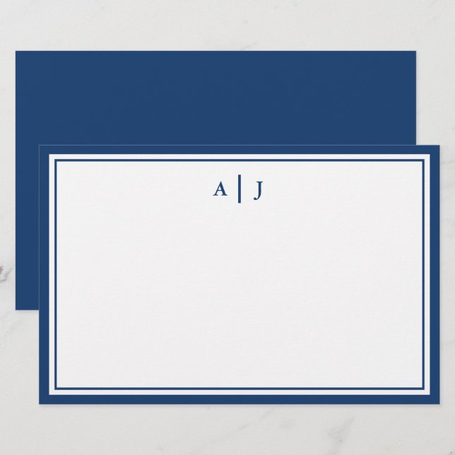Minimalist Navy Blue Two Border Monogram Stationery (Front/Back)