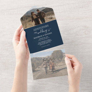 Minimalist Navy Blue Wedding All In One Invitation