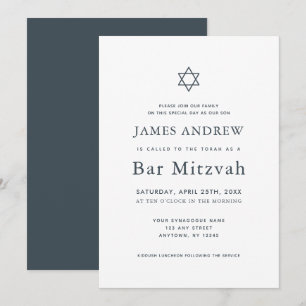 Minimalist Navy Blue & White Bar Mitzvah Invitation