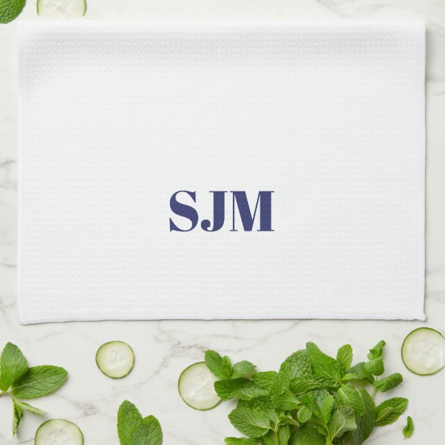 Minimalist navy blue white Custom monogram Kitchen Towel (Folded)