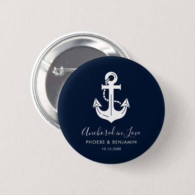 Minimalist Navy Blue & White Custom Name Anchor  2 Inch Round Button (Front & Back)