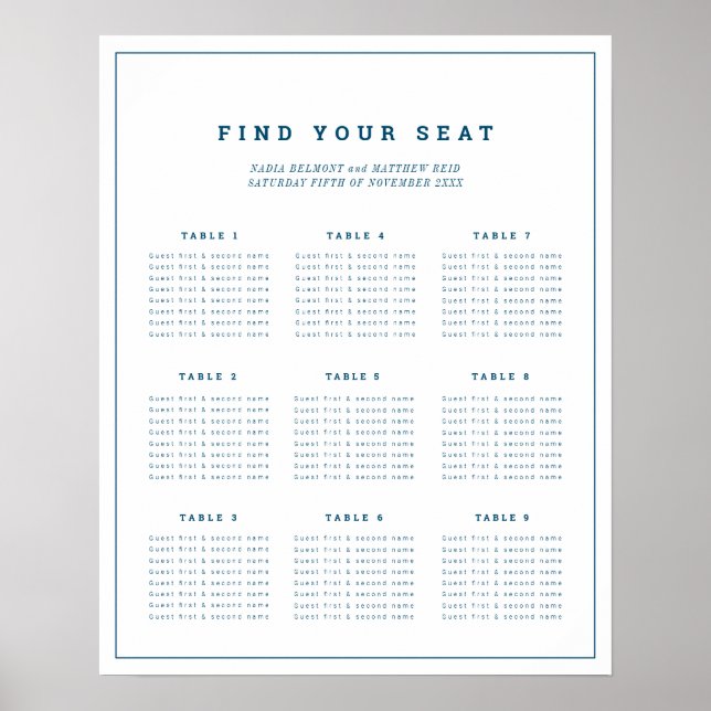 Minimalist navy blue white event seating chart (Front)