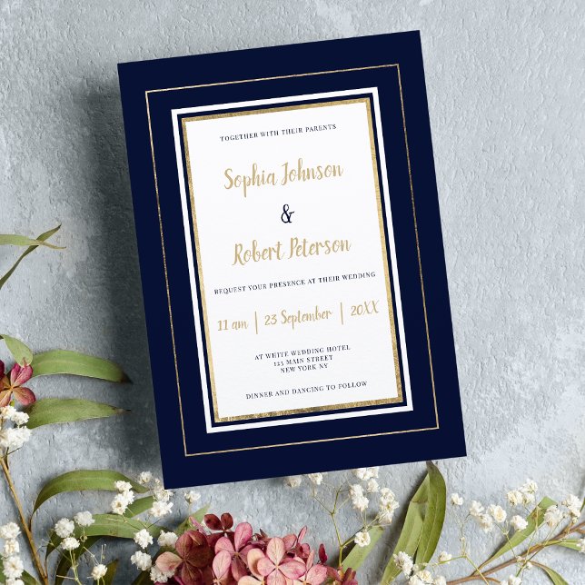 Minimalist navy blue white gold elegant wedding invitation (Minimalist navy blue white gold elegant wedding)