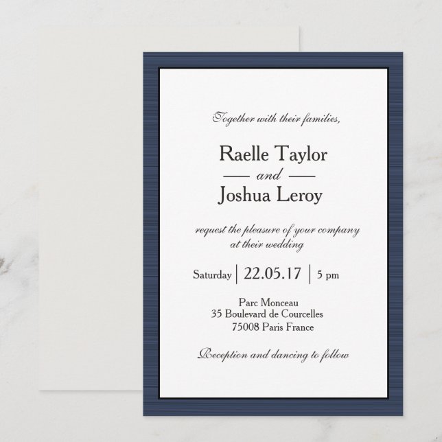 Minimalist Navy Blue White Grey Stripes Wedding Invitation (Front/Back)
