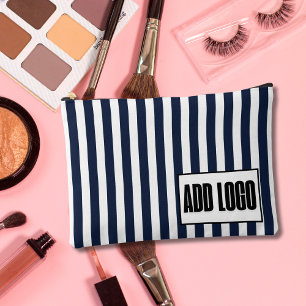 Minimalist Navy Blue White Stripes Business Logo Accessory Pouch