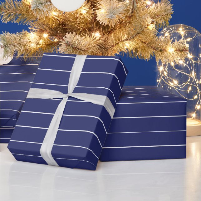 Minimalist navy blue white stripes elegant gift wrapping paper (Holidays)