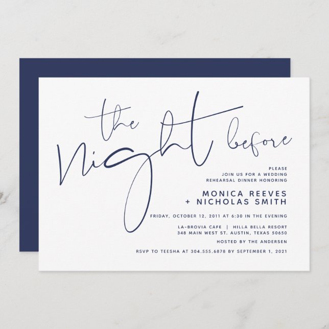 Minimalist Navy Script Wedding Rehearsal Dinner Invitation (Front/Back)