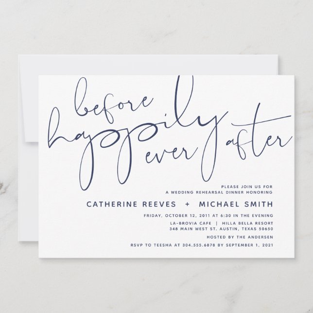 Minimalist Navy Script Wedding Rehearsal Dinner Invitation (Front)