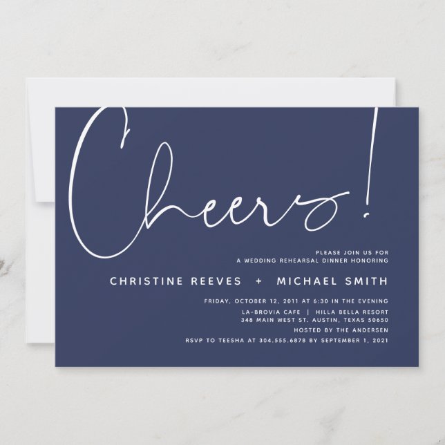 Minimalist Navy Script Wedding Rehearsal Dinner Invitation (Front)