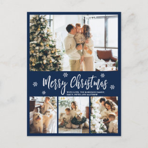 Minimalist Navy White 4 Photo Collage Christmas Postcard