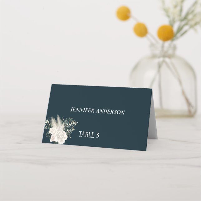Minimalist Navy White Flower Wedding Place Cards (Front)