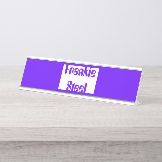 Minimalist neon blue and white desk name plate (Front)