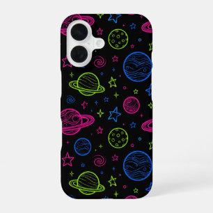 Minimalist Neon Space & Planets Night Sky Pattern iPhone 16 Case