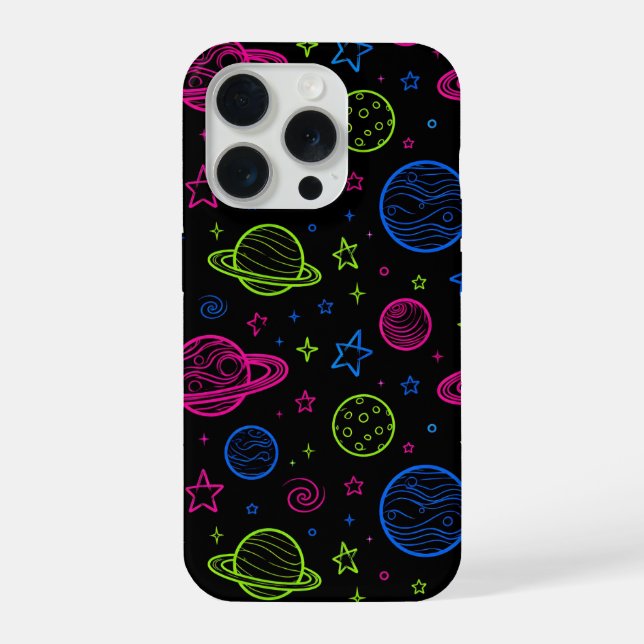 Minimalist Neon Space & Planets Night Sky Pattern iPhone Case (Back)