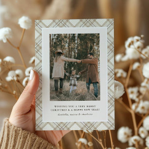 Minimalist Neutral Plaid Photo Holiday Card