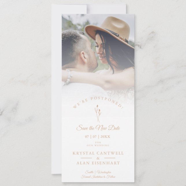 Minimalist New Date Botanical Postponed Wedding Save The Date (Front)
