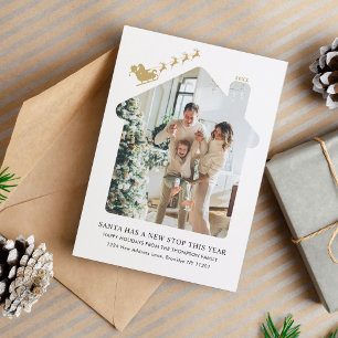 Minimalist New Home Photo Gold Santa Sleigh Moving Holiday Card