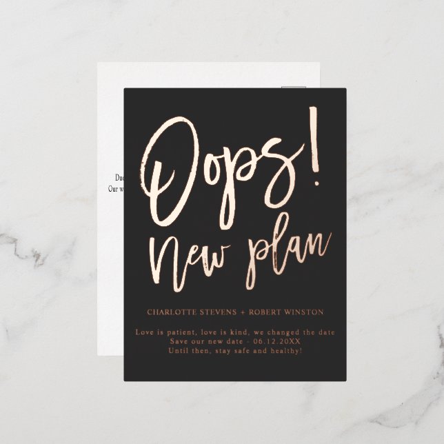 Minimalist new plan wedding change the date grey foil invitation postcard (Front/Back)