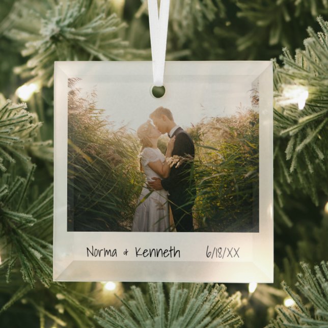 Minimalist Newlywed Photo First Christmas Glass Ornament (Insitu)