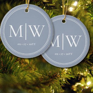 Minimalist Newlyweds Monogram Dusty Blue Holiday Ceramic Ornament